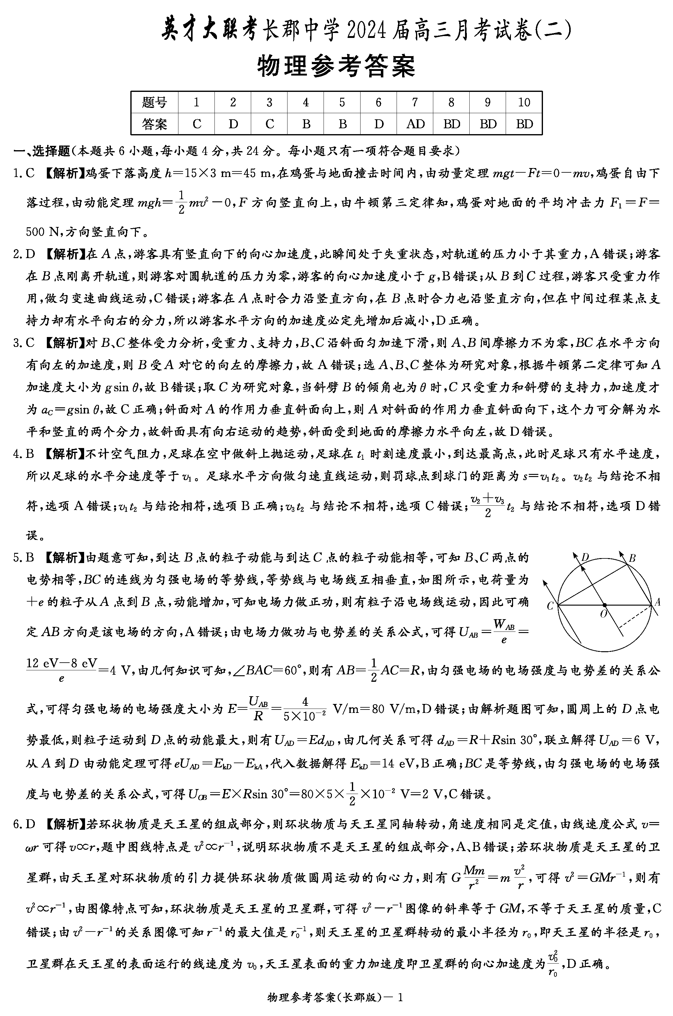 2024屆湖南長郡中學(xué)高三月考(二)物理試卷及答案