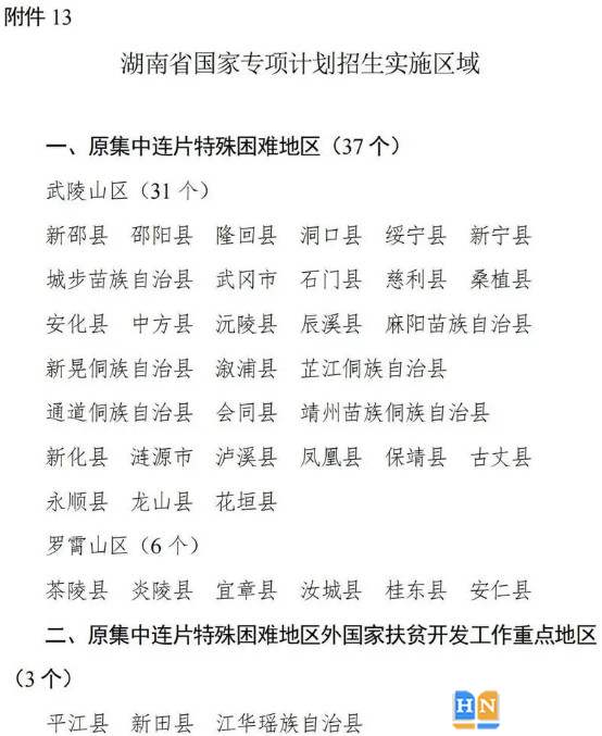 湖南2024年國家專項計劃實施區(qū)域